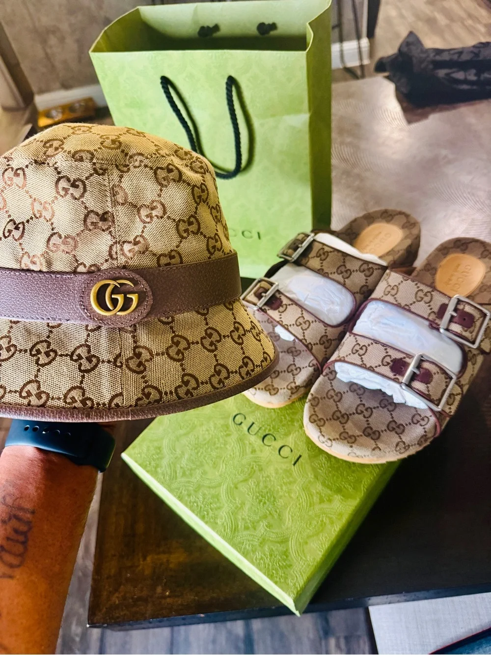 Gucci Beige and Brown GG Canvas Bucket Hat with Gold Logo